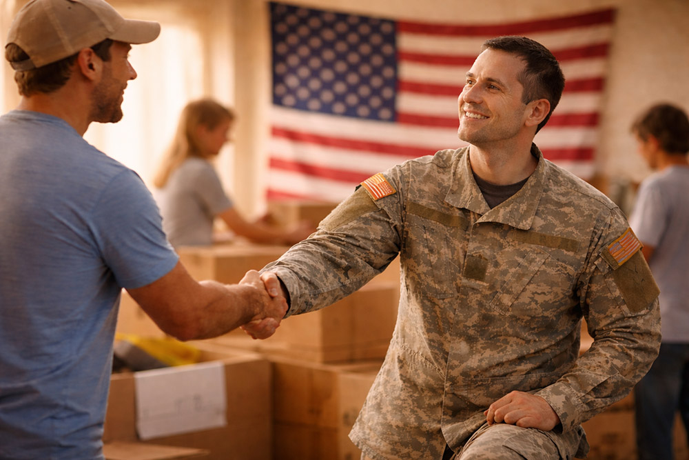 Veteran and volunteer handshake